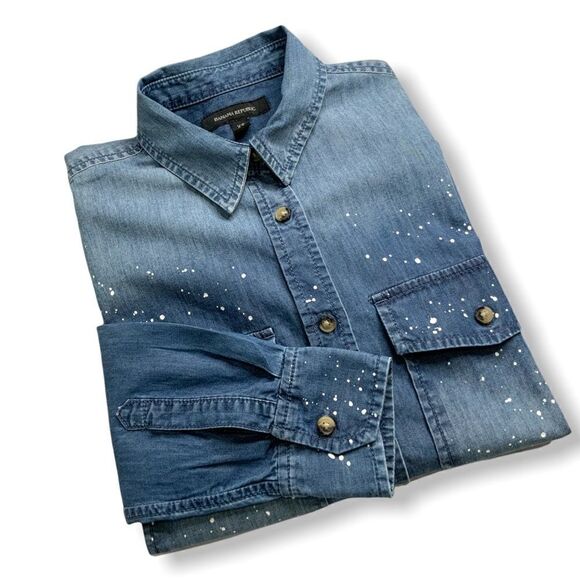 BANANA REPUBLIC 100% Cotton Paint Spatter Print Chambray Button Up LS Shirt XS - Picture 9 of 10